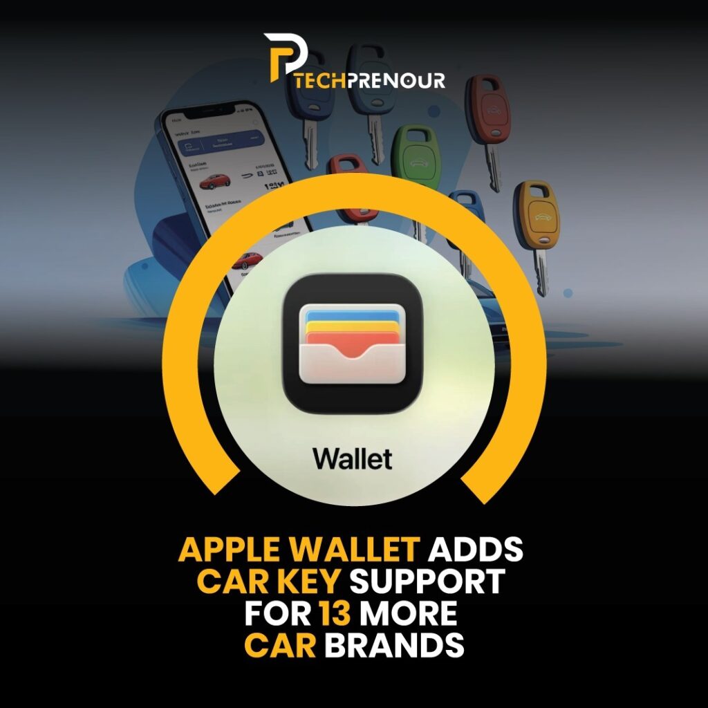 Apple Wallet interface showing digital car key support for multiple vehicle brands